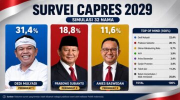 Dedi Mulyadi, Prabowo Subianto, dan Anies Baswedan dalam ilustrasi hasil simulasi 32 nama yang tercantum pada dokumen survei capres 2029 yang beredar. Indikator Politik Indonesia menyatakan dokumen tersebut bukan rilis resmi. (Visual AI)