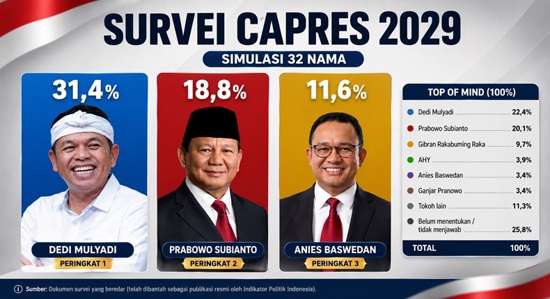 Dedi Mulyadi, Prabowo Subianto, dan Anies Baswedan dalam ilustrasi hasil simulasi 32 nama yang tercantum pada dokumen survei capres 2029 yang beredar. Indikator Politik Indonesia menyatakan dokumen tersebut bukan rilis resmi. (Visual AI)