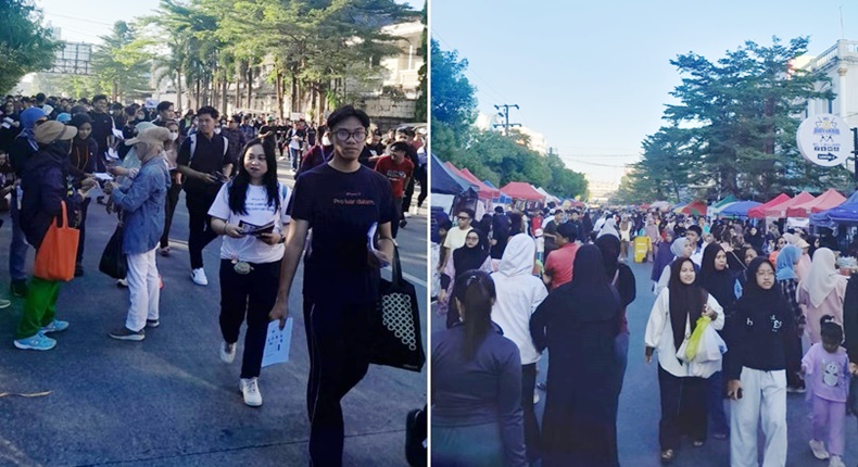 Suasana CFD Boulevard Makassar tampak pada dua sisi yang berbeda. Sebelah kiri: jalur olahraga yang ramai dimanfaatkan masyarakat. Sebelah kanan: kawasan jalur pedagang UMKM yang beraktivitas dan dikunjungi warga. (Foto kolase/dok)