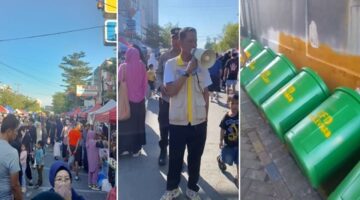 Suasana CFD Boulevard Makassar. Bagian kiri: tampak ramai warga yang beraktivitas di kawasan CFD. Bagian tengah: pengelola sedang memberikan arahan langsung di lokasi. Bagian kanan: sejumlah bak sampah baru telah disiapkan demi menjaga kebersihan kawasan. (Foto kolase/dok)