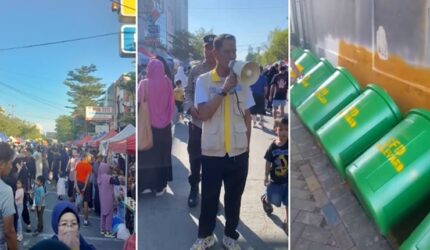Suasana CFD Boulevard Makassar. Bagian kiri: tampak ramai warga yang beraktivitas di kawasan CFD. Bagian tengah: pengelola sedang memberikan arahan langsung di lokasi. Bagian kanan: sejumlah bak sampah baru telah disiapkan demi menjaga kebersihan kawasan. (Foto kolase/dok)