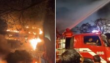 Petugas pemadam kebakaran berjibaku memadamkan kobaran api yang melanda kawasan Mall Nipah Makassar, Jalan Urip Sumoharjo, Minggu (9/8/2026) malam. (Foto kolase/tangkapan layar video)