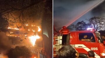 Petugas pemadam kebakaran berjibaku memadamkan kobaran api yang melanda kawasan Mall Nipah Makassar, Jalan Urip Sumoharjo, Minggu (9/8/2026) malam. (Foto kolase/tangkapan layar video)