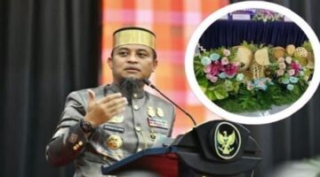 Gubernur Sulawesi Selatan Andi Sudirman Sulaiman dan dekorasi bunga yang menjadi perhatian publik terkait anggaran sewa bunga Pemprov Sulsel. (Foto kolase)