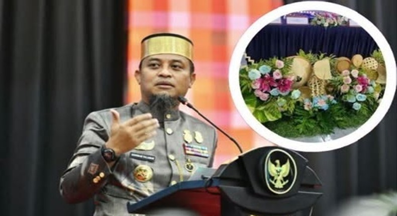 Gubernur Sulawesi Selatan Andi Sudirman Sulaiman dan dekorasi bunga yang menjadi perhatian publik terkait anggaran sewa bunga Pemprov Sulsel. (Foto kolase)