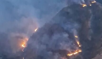 Tangkapan layar video yang beredar di media sosial memperlihatkan kobaran api dan kepulan asap membumbung tinggi melahap kawasan hutan pinus di lereng Gunung Nona, Kabupaten Enrekang, Sulawesi Selatan, Sabtu (15/8/2026).