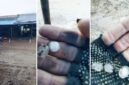 Tangkapan layar video yang merekam fenomena hujan es di Kecamatan Seko, Luwu Utara, menampilkan suasana warga berlari saat hujan lebat (kiri) dan dua gambar detail tangan menunjukkan butiran es berukuran besar (tengah dan kanan).
