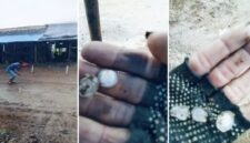 Tangkapan layar video yang merekam fenomena hujan es di Kecamatan Seko, Luwu Utara, menampilkan suasana warga berlari saat hujan lebat (kiri) dan dua gambar detail tangan menunjukkan butiran es berukuran besar (tengah dan kanan).
