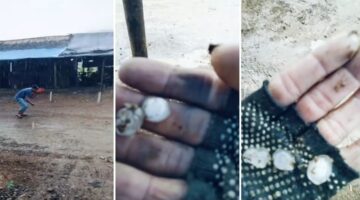 Tangkapan layar video yang merekam fenomena hujan es di Kecamatan Seko, Luwu Utara, menampilkan suasana warga berlari saat hujan lebat (kiri) dan dua gambar detail tangan menunjukkan butiran es berukuran besar (tengah dan kanan).