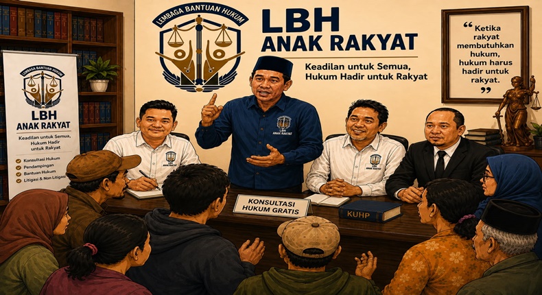 Ilustrasi layanan LBH Anak Rakyat yang membuka ruang konsultasi dan pendampingan hukum bagi masyarakat, dengan menekankan prinsip keadilan dan akses hukum yang setara bagi rakyat.