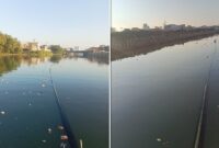 Kondisi pipa distribusi air milik PDAM Makassar yang mengapung hingga ke tengah Kanal Jongayya, Kelurahan Bontorannu, Kecamatan Mariso, diduga memblokade sebagian jalur pelayaran nelayan dan menghambat aktivitas warga yang melaut. (Foto kolase)