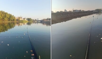 Kondisi pipa distribusi air milik PDAM Makassar yang mengapung hingga ke tengah Kanal Jongayya, Kelurahan Bontorannu, Kecamatan Mariso, diduga memblokade sebagian jalur pelayaran nelayan dan menghambat aktivitas warga yang melaut. (Foto kolase)
