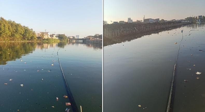 Kondisi pipa distribusi air milik PDAM Makassar yang mengapung hingga ke tengah Kanal Jongayya, Kelurahan Bontorannu, Kecamatan Mariso, diduga memblokade sebagian jalur pelayaran nelayan dan menghambat aktivitas warga yang melaut. (Foto kolase)