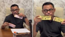 Tangkapan layar video, Direktur Umum Perumda Parkir Makassar Raya, Saharuddin Said, menunjukkan karcis parkir resmi wilayah khusus berwarna merah muda dengan tarif Rp3.000 untuk sepeda motor dan Rp5.000 untuk mobil (kiri), serta karcis wilayah umum berwarna kuning dengan tarif Rp2.000 untuk sepeda motor dan Rp3.000 untuk mobil (kanan). (Foto kolase)