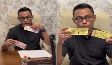 Tangkapan layar video, Direktur Umum Perumda Parkir Makassar Raya, Saharuddin Said, menunjukkan karcis parkir resmi wilayah khusus berwarna merah muda dengan tarif Rp3.000 untuk sepeda motor dan Rp5.000 untuk mobil (kiri), serta karcis wilayah umum berwarna kuning dengan tarif Rp2.000 untuk sepeda motor dan Rp3.000 untuk mobil (kanan). (Foto kolase)