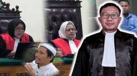 Advokat Wawan Nur Rewa, S.H., M.H. bersama Majelis Hakim Pengadilan Negeri Sungguminasa dalam sidang perkara Ilyas Sitaba yang berujung vonis bebas dalam perkara Nomor 132/Pid.B/2026/PN Sgm. (Foto kolase).