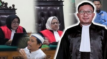 Advokat Wawan Nur Rewa, S.H., M.H. bersama Majelis Hakim Pengadilan Negeri Sungguminasa dalam sidang perkara Ilyas Sitaba yang berujung vonis bebas dalam perkara Nomor 132/Pid.B/2026/PN Sgm. (Foto kolase).