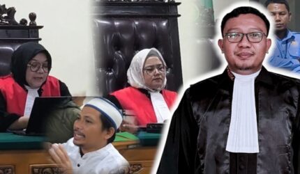 Advokat Wawan Nur Rewa, S.H., M.H. bersama Majelis Hakim Pengadilan Negeri Sungguminasa dalam sidang perkara Ilyas Sitaba yang berujung vonis bebas dalam perkara Nomor 132/Pid.B/2026/PN Sgm. (Foto kolase).