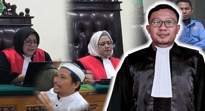 Advokat Wawan Nur Rewa, S.H., M.H. bersama Majelis Hakim Pengadilan Negeri Sungguminasa dalam sidang perkara Ilyas Sitaba yang berujung vonis bebas dalam perkara Nomor 132/Pid.B/2026/PN Sgm. (Foto kolase).