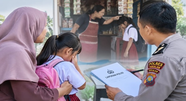 Ilustrasi orang tua korban mendampingi Siswi Korban Bully Takalar yang masih trauma saat memberikan keterangan kepada pihak kepolisian (Visual AI)