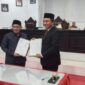 Pertukaran dokumen Ranperda RPJMD 2025–2029 yang telah disepakati dalam sidang paripurna DPRD Lutra.