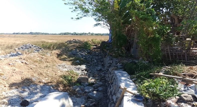 Kondisi proyek rehabilitasi jaringan irigasi Daerah Irigasi (DI) Pamukkulu di Kabupaten Takalar yang mangkrak dan belum rampung, memperlihatkan material batu serta struktur saluran yang terbengkalai di area persawahan.