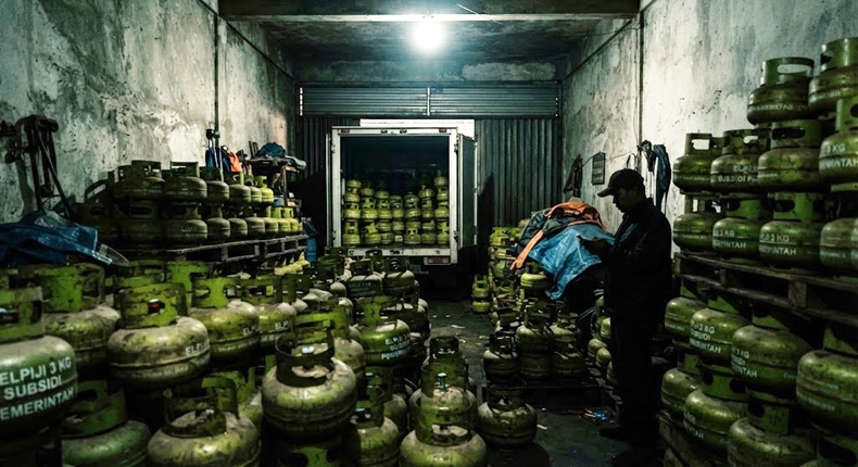Ilustrasi gudang tertutup di Gowa yang diduga menjadi lokasi penimbunan pasokan gas elpiji 3 kg bersubsidi, di tengah keluhan warga yang kesulitan. (Visual AI)