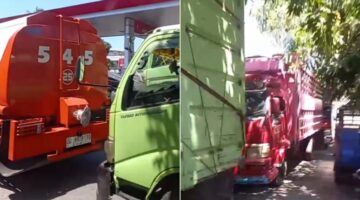 Foto kolase: Sejumlah truk terlihat mengantre di SPBU Jalan Alauddin Makassar, Selasa (14/9/2026).