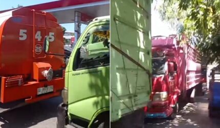 Foto kolase: Sejumlah truk terlihat mengantre di SPBU Jalan Alauddin Makassar, Selasa (14/9/2026).