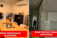 Perbandingan kondisi salah satu bangunan berfasilitas mewah di Lapas Kelas IIA Cibinong saat sidak Ombudsman RI pada 23 September 2026 (kiri) dan saat sidak Menteri Imigrasi dan Pemasyarakatan Agus Andrianto bersama Bappisus RI pada 25 September 2026 (kanan). Sejumlah perabot dan fasilitas yang sebelumnya terlihat dalam ruangan tidak lagi tampak saat inspeksi kedua. (Foto Kolase)