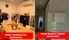 Perbandingan kondisi salah satu bangunan berfasilitas mewah di Lapas Kelas IIA Cibinong saat sidak Ombudsman RI pada 23 September 2026 (kiri) dan saat sidak Menteri Imigrasi dan Pemasyarakatan Agus Andrianto bersama Bappisus RI pada 25 September 2026 (kanan). Sejumlah perabot dan fasilitas yang sebelumnya terlihat dalam ruangan tidak lagi tampak saat inspeksi kedua. (Foto Kolase)