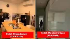 Perbandingan kondisi salah satu bangunan berfasilitas mewah di Lapas Kelas IIA Cibinong saat sidak Ombudsman RI pada 23 September 2026 (kiri) dan saat sidak Menteri Imigrasi dan Pemasyarakatan Agus Andrianto bersama Bappisus RI pada 25 September 2026 (kanan). Sejumlah perabot dan fasilitas yang sebelumnya terlihat dalam ruangan tidak lagi tampak saat inspeksi kedua. (Foto Kolase)
