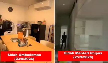 Perbandingan kondisi salah satu bangunan berfasilitas mewah di Lapas Kelas IIA Cibinong saat sidak Ombudsman RI pada 23 September 2026 (kiri) dan saat sidak Menteri Imigrasi dan Pemasyarakatan Agus Andrianto bersama Bappisus RI pada 25 September 2026 (kanan). Sejumlah perabot dan fasilitas yang sebelumnya terlihat dalam ruangan tidak lagi tampak saat inspeksi kedua. (Foto Kolase)