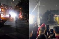 Tangkapan layar video memperlihatkan tawuran antarkelompok di Jalan Kandea III, Makassar, Minggu (27/9/2026). Bentrokan diwarnai perang petasan dan serangan busur, sementara sejumlah warga tampak berkerumun di sekitar lokasi saat aksi saling serang berlangsung. (Foto kolase)