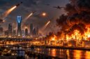 Ilustrasi serangan rudal dan drone di Riyadh yang memicu kebakaran hebat di kompleks kilang minyak Arab Saudi, menggambarkan eskalasi konflik Houthi–Saudi. (Visual AI)