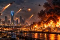 Ilustrasi serangan rudal dan drone di Riyadh yang memicu kebakaran hebat di kompleks kilang minyak Arab Saudi, menggambarkan eskalasi konflik Houthi–Saudi. (Visual AI)