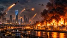 Ilustrasi serangan rudal dan drone di Riyadh yang memicu kebakaran hebat di kompleks kilang minyak Arab Saudi, menggambarkan eskalasi konflik Houthi–Saudi. (Visual AI)