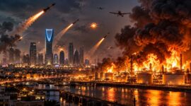 Ilustrasi serangan rudal dan drone di Riyadh yang memicu kebakaran hebat di kompleks kilang minyak Arab Saudi, menggambarkan eskalasi konflik Houthi–Saudi. (Visual AI)