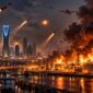 Ilustrasi serangan rudal dan drone di Riyadh yang memicu kebakaran hebat di kompleks kilang minyak Arab Saudi, menggambarkan eskalasi konflik Houthi–Saudi. (Visual AI)