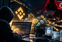 Ilustrasi serangan siber yang menyebabkan Binance kena hack hingga memicu pencurian aset kripto senilai Rp114 triliun. (Visual AI)