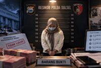 Ilustrasi penangkapan seorang dosen wanita yang diduga terlibat kasus penipuan berkedok jasa masuk Fakultas Kedokteran di Makassar (Visual AI).