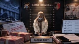 Ilustrasi penangkapan seorang dosen wanita yang diduga terlibat kasus penipuan berkedok jasa masuk Fakultas Kedokteran di Makassar (Visual AI).