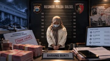 Ilustrasi penangkapan seorang dosen wanita yang diduga terlibat kasus penipuan berkedok jasa masuk Fakultas Kedokteran di Makassar (Visual AI).