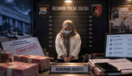 Ilustrasi penangkapan seorang dosen wanita yang diduga terlibat kasus penipuan berkedok jasa masuk Fakultas Kedokteran di Makassar (Visual AI).