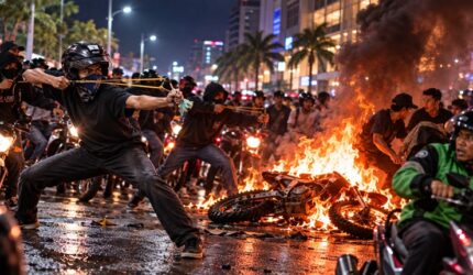 Ilustrasi geng motor yang mengacungkan busur rakitan saat beraksi di jalanan Makassar. Sepeda motor trail milik salah satu terduga pelaku dibakar massa setelah aksi pengejaran dan kecelakaan di Jalan Metro Tanjung Bunga. (Visual AI)