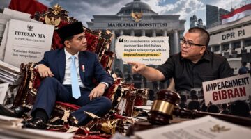 Ilustrasi Gibran yang menghadapi desakan proses pemakzulan pasca putusan MK, sementara Denny Indrayana mendorong DPR menempuh mekanisme konstitusional sesuai UUD 1945 (Visual AI)