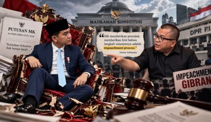Ilustrasi Gibran yang menghadapi desakan proses pemakzulan pasca putusan MK, sementara Denny Indrayana mendorong DPR menempuh mekanisme konstitusional sesuai UUD 1945 (Visual AI)