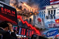 Ilustrasi penurunan IHSG sebesar 2,59% ke level 5.936,14 akibat tekanan sentimen geopolitik Timur Tengah dan kekhawatiran inflasi Amerika Serikat yang memicu aksi jual di pasar saham Indonesia. (Visual AI)