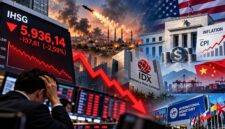 Ilustrasi penurunan IHSG sebesar 2,59% ke level 5.936,14 akibat tekanan sentimen geopolitik Timur Tengah dan kekhawatiran inflasi Amerika Serikat yang memicu aksi jual di pasar saham Indonesia. (Visual AI)