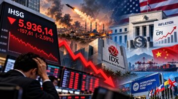 Ilustrasi penurunan IHSG sebesar 2,59% ke level 5.936,14 akibat tekanan sentimen geopolitik Timur Tengah dan kekhawatiran inflasi Amerika Serikat yang memicu aksi jual di pasar saham Indonesia. (Visual AI)